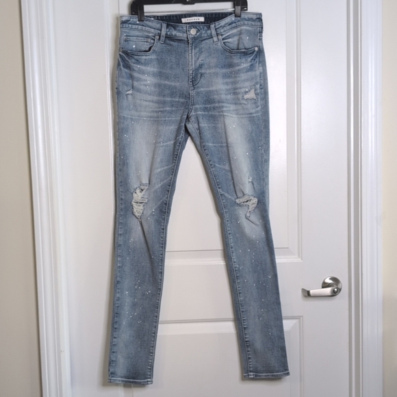 PacSun Stacked Skinny Jeans Medium Wash Distressed w Paint Splatter Men's 32x34 - Picture 4 of 14